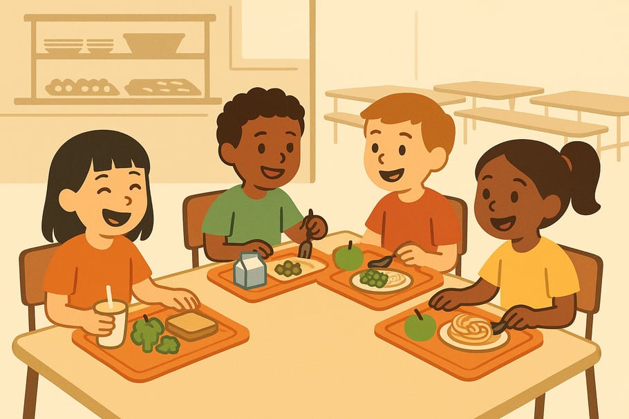 I need a simple image of children enjoying lunch at their school cafeteria The less detail the better