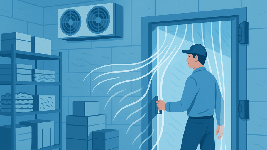 Cartoon image in blue hues of man in long sleeved shirt and long pants with a baseball cap in a walk-in cooler. There's an compressor fan unit on the wall, strip curtains are blowing and there's product on shelves.
