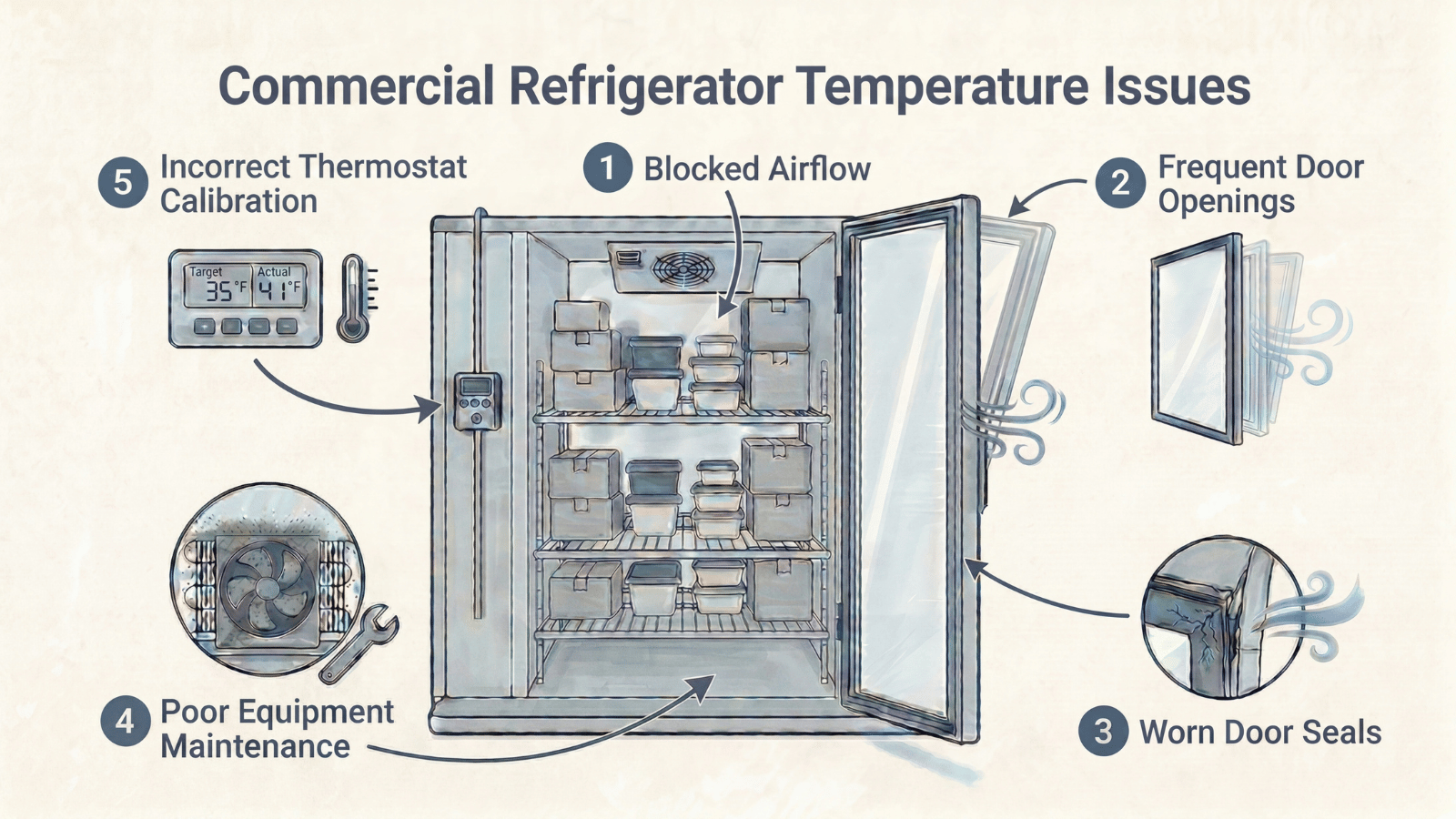 Illustration of a commercial refrigerator highlighting temperature issues, including blocked airflow, frequent door openings, worn door seals, poor maintenance, and incorrect thermostat calibration.