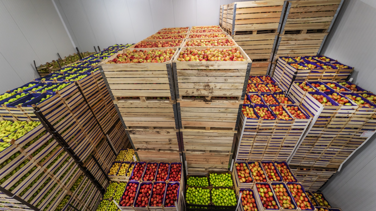 Walk-in cooler full of wooden crates. Crates are stacked at different levels and contain a variety of fruits such as cherries and grapes.