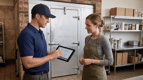  Commercial refrigeration technician reviewing maintenance information on a tablet with a restaurant employee standing beside a walk-in cooler door in a commercial kitchen. Shelving with food containers and supplies appears in the background. 