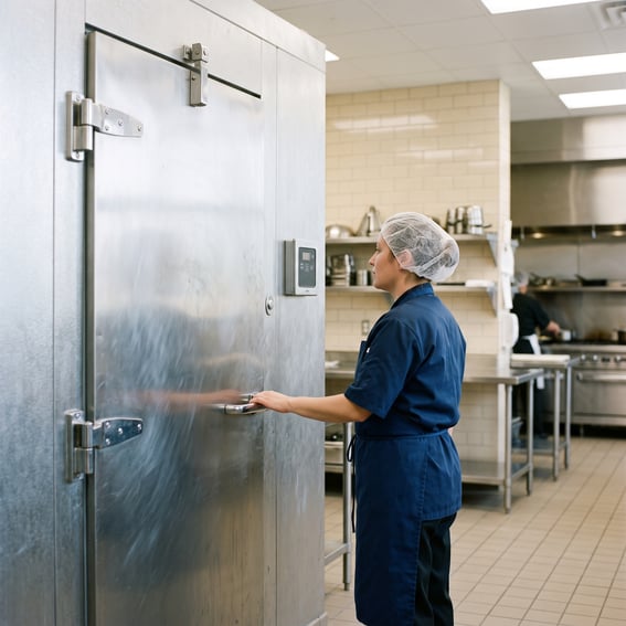 School foodservice staff member checking the control panel beside a walk-in cooler door in a commercial school kitchen