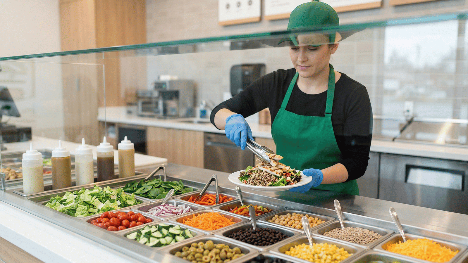 Foodservice worker assembling a fresh salad behind a refrigerated prep station, with organized ingredient bins and a glass sneeze guard in a clean commercial kitchen environment.