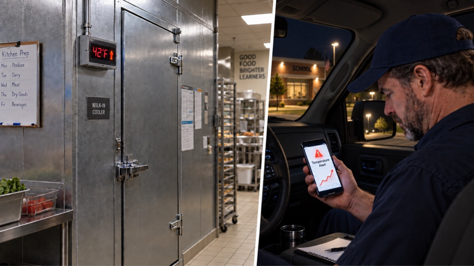 split screen of a walk-in cooler in a school kitchen with a technician looking at an alert on his phone screen