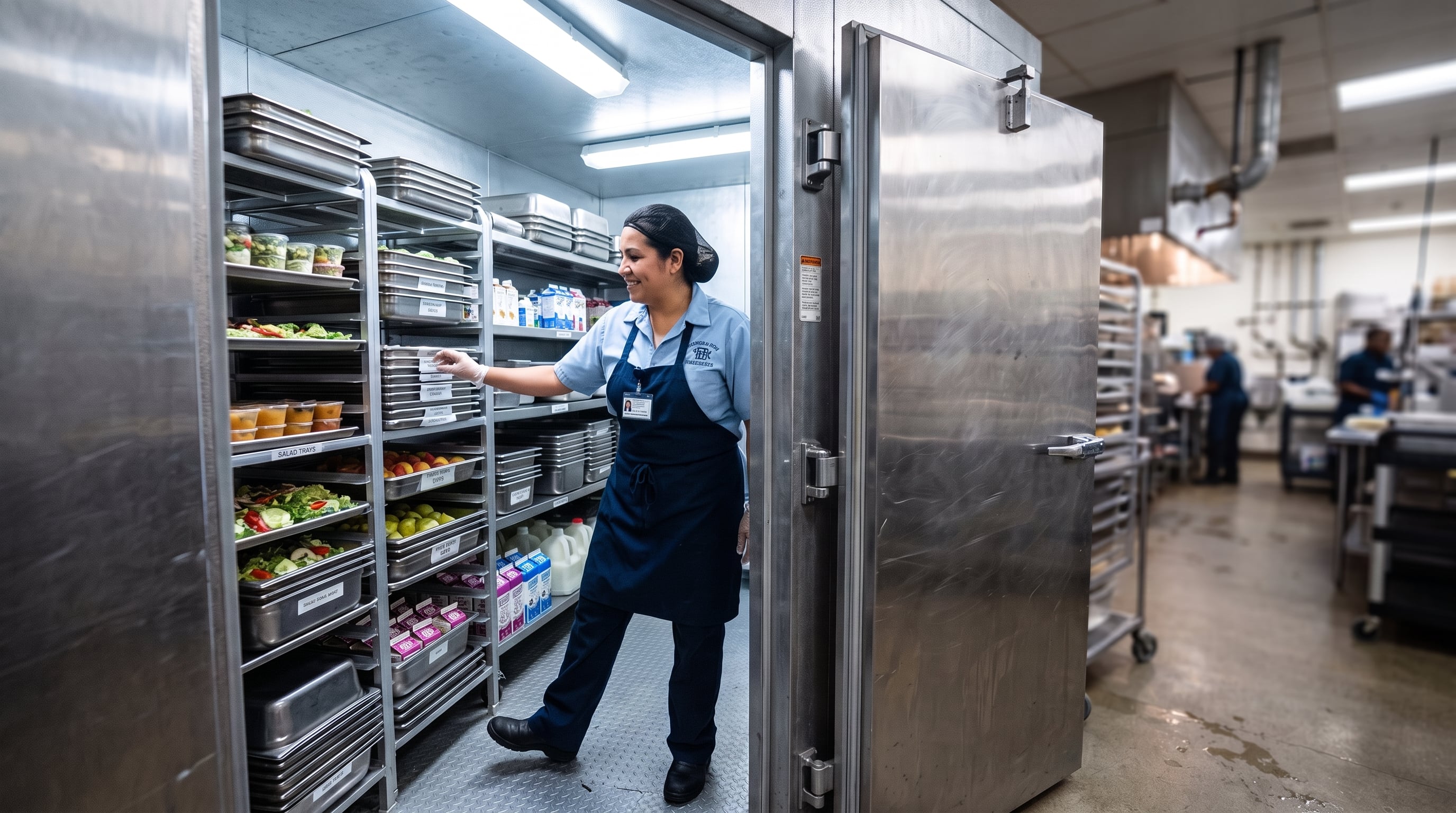 A school foodservice worker in an apron steps into a stainless walk-in cooler early in the morning, checking shelved trays of product, with refrigeration equipment out of focus in the background.