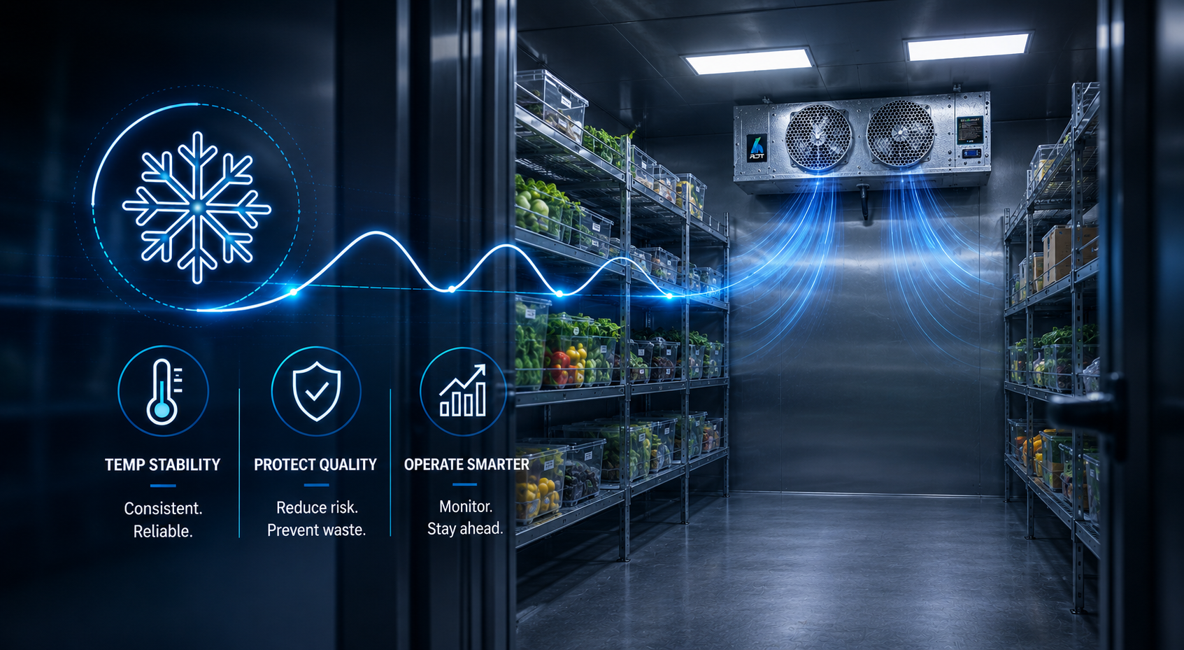 Foodservice worker assembling a fresh salad behind a refrigerated prep station, with organized ingredient bins and a glass sneeze guard in a clean commercial kitchen environment.